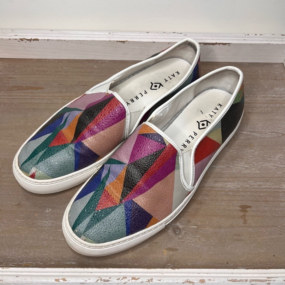 Katy Perry Shoes Womens Size 8 Geometric Colors Bright Leather Slip On Sneakers